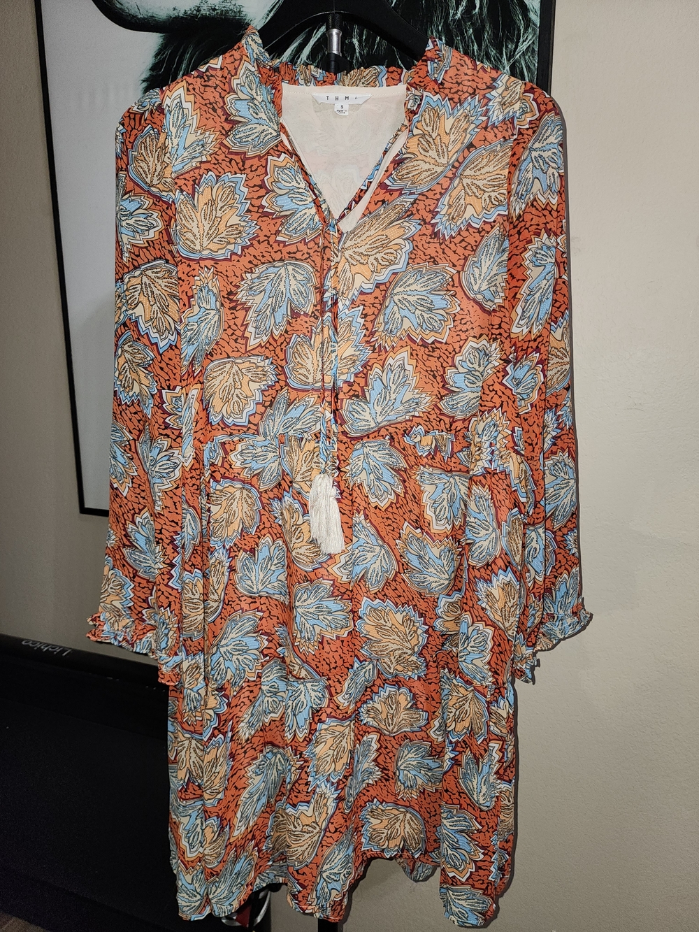 THML Orange Floral Long Sleeve Tassel Tunic Dress